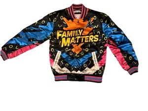 Y2K Allover Print 1989 Family Matters Urkle Jacket Headgear Satin Size Small - Bild 1 von 24