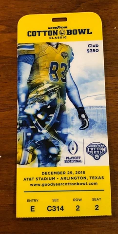 2018 COTTON BOWL SOUVENIR PAPER CLUB TICKET STUB 12/29/18 CLEMSON vs NOTRE DAME Cover