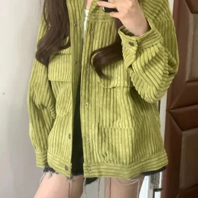 Lady Corduroy Jacket Coat Outerwear Outdoor Pocket Loose Preppy Casual Coat Warm - Image 1 of 4