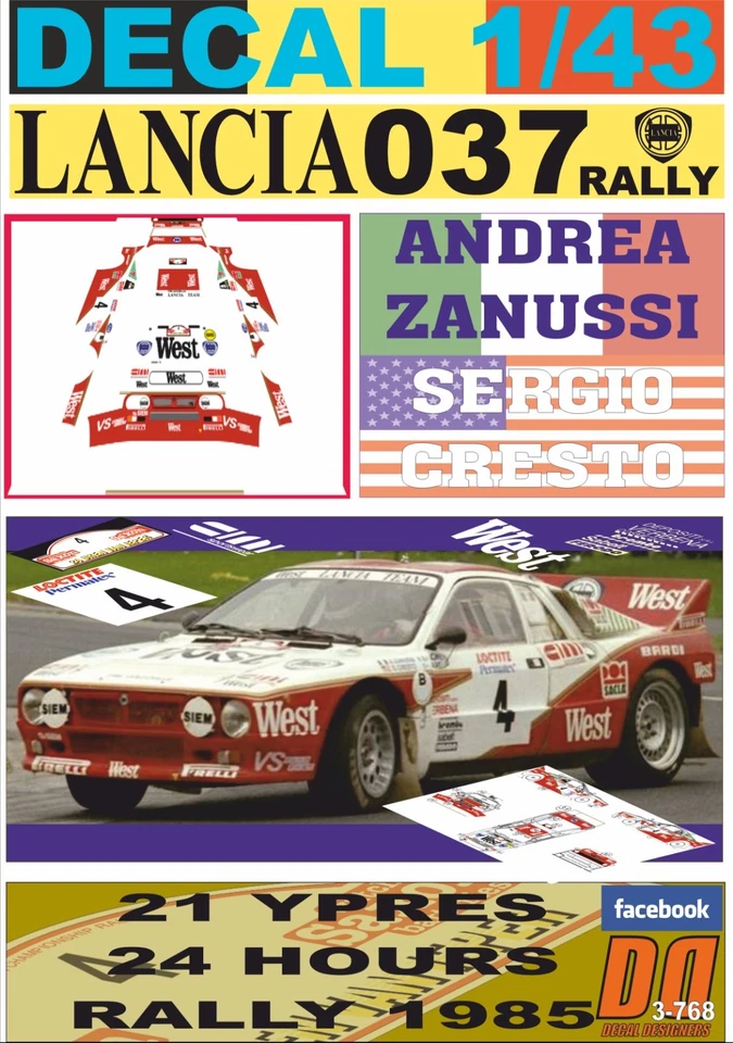 DECAL 1/43 LANCIA 037 RALLY A.ZANUSSI YPRES 24 R. 1985 DnF (08) - Image 1 of 1