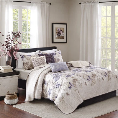 QUALITY BEAUTIFUL MODERN CHIC PURPLE GREY TAUPE GREY IVORY WHITE SPA LEAF SOFT QUILT SET