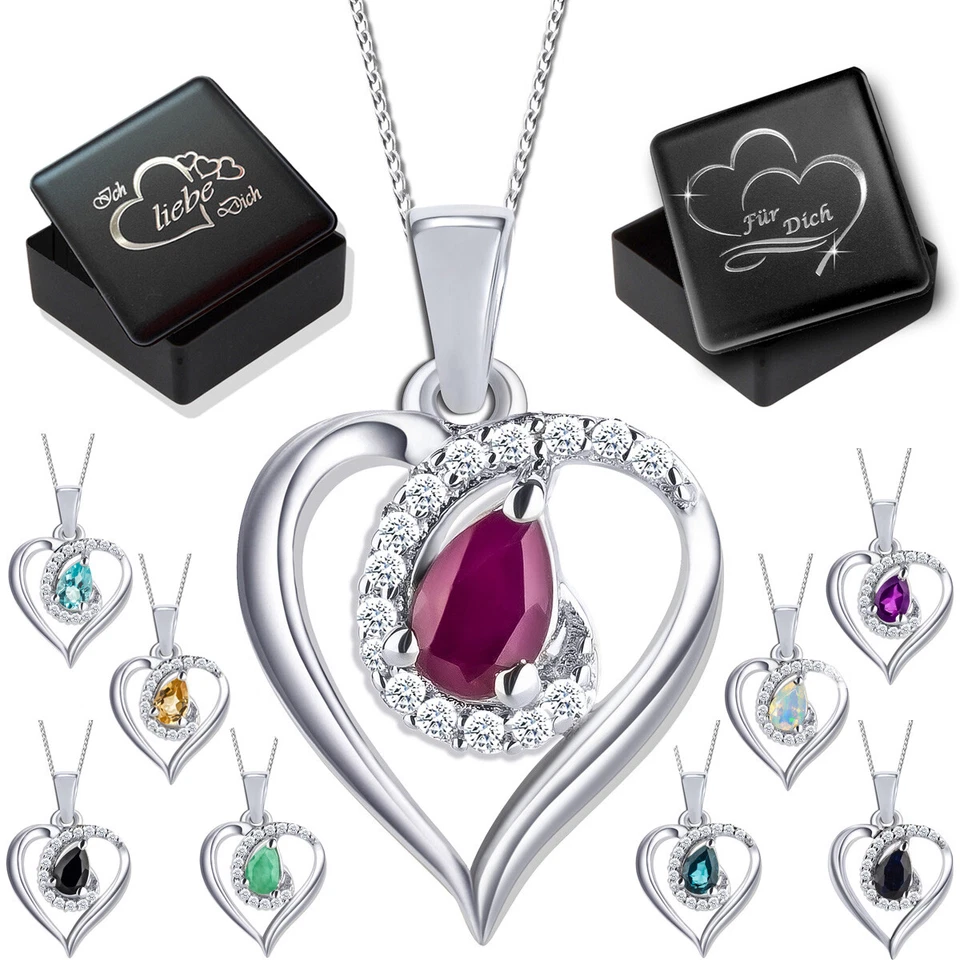 Echter Edelstein Herz Halskette 925 Silber Geschenk für Damen Frauen Freundin - Bild 1 von 3