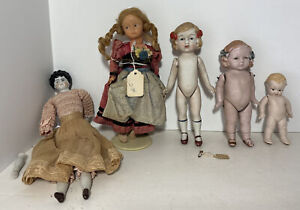 Lot Of 5 Antique & Vintage Porcelain-Bisque-Hard Plastic Dolls German & Japanese