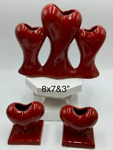 Ceramic Red Heart Shaped Bud Vase Planter Set Valentine Decorative Love - Picture 1 of 8