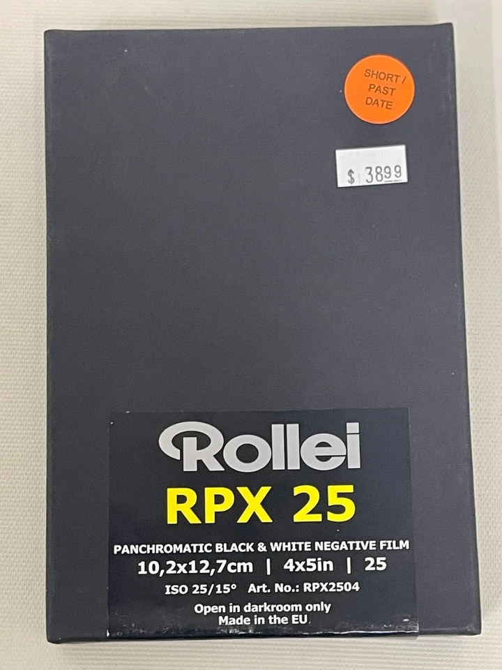 Rollei RPX 25 B&W 4x5” Film.  25 Sheets. Unopened Box.  Exp: 03/17 - Image 1 of 4