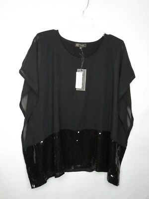 NWT DG2 DIANE GILMAN BLACK SEQUIN CHIFFON PONCHO ROUND NECK TOP SZ XS #B247 - Image 1 of 2