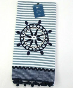 Pier 1 gestreift bestickt maritim Bommelborte Geschirrtuch Neu mit Etikett - Bild 1 von 2