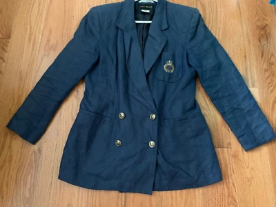 Harris Wallace  Linen Embroidered Crest Double Breasted Vintage Blazer Jacket 12 - Image 1 of 4