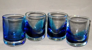 Hand blown Swirls Cobalt Blue green 4x Drink Glasses Etched on base INDIGO PEARL - Picture 1 of 23