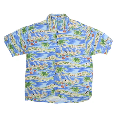 BIG DOGS Mens Blue Hawaiian Cotton Shirt L Tropical Island Print Beach Style - Image 1 of 4