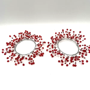 Small Wreath - Set of 2 Candle Rings - Red Faceted Shiny Beads - 7 inches - Picture 1 of 8
