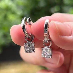 7MM Asscher Cut Certified Moissanite Women's Hoop Earrings 14K White Gold Plated - Picture 1 of 7