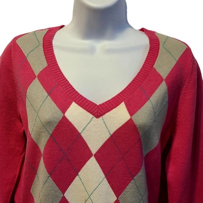 Suéter para mujer Argyle talla S Caribbean Joe cuello en V rosa gris blanco manga larga Foto 1 de 4