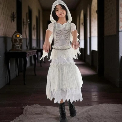 Fantasia de Halloween GHOST GIRL esqueleto XL com capuz esfarrapado roupa ossos - Imagem 1 de 4