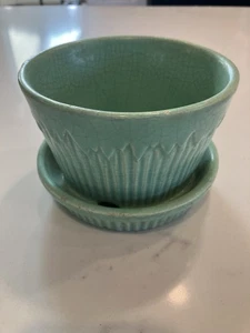 Piattino attaccato vaso fiori 3,5" ghiacciolo a costine verde menta ceramica Morton vintage - Foto 1 di 15