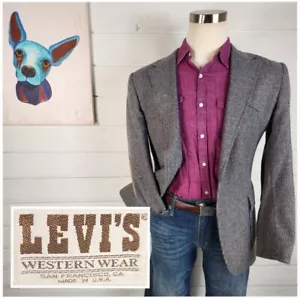 Levi's Mens Vintage Western Blazer Jacket Gray Tweed Rockabilly Elbow Patch 42L - Picture 1 of 17