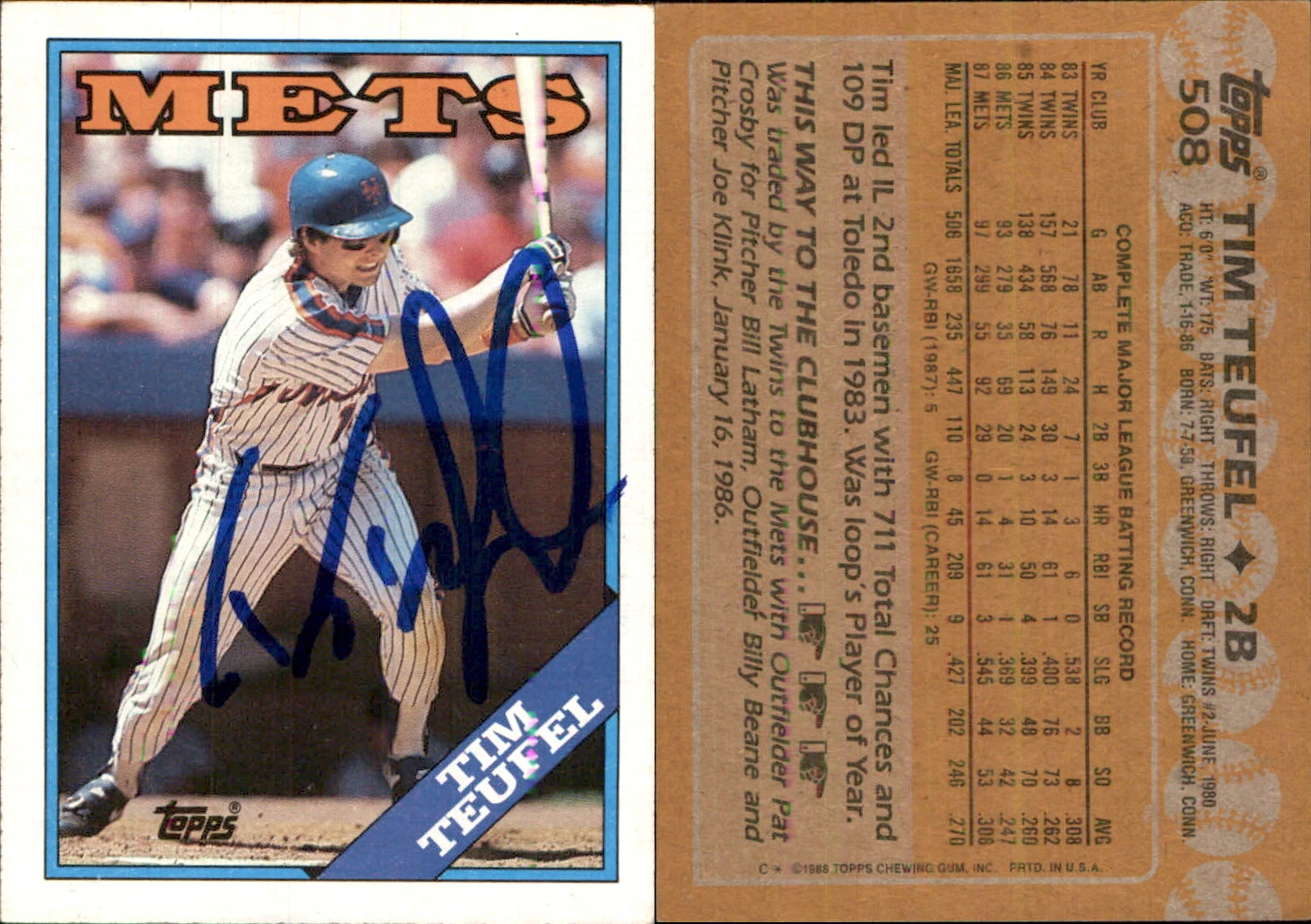 Tim Teufel Signed 1988 Topps #508 Card New York Mets Auto AU