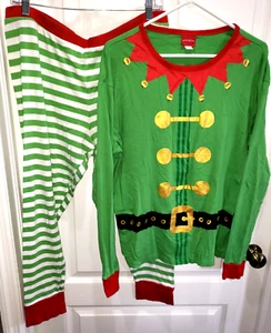 2 pc CHRISTMAS ELF PAJAMAS size XL green white stripes SET SLEEPWEAR MEN WOMEN - Picture 1 of 1
