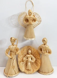 Vtg 80s Boho Handmade Corn Silk Fiber Nativity Set 6" Christmas RARE Folk Art - Picture 1 of 21