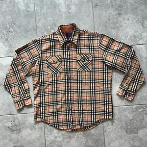 Sears Vtg Flannel Shirt Button Up Shacket Beige Nova Check Plaid Mens XL Tall - Picture 1 of 13