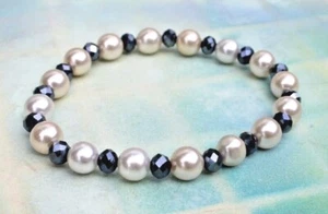 Pulsera elástica de cristal azul océano y perlas sintéticas, 7"" nueva - Imagen 1 de 4
