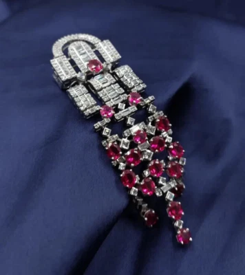 Prong Set 14.63CT Round Cut Pink Ruby & White Sapphire Party Wear women Brooch - Image 1 of 4
