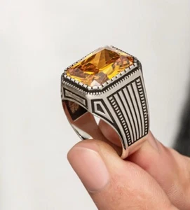 Herren ring 925 Silber mit gelbe ncitrin stein siegel ring massiv modern elegant - Bild 1 von 11