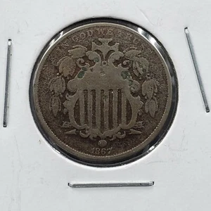 1867 5c Schild Nickel keine Strahlen verschiedene sehr schöne Details schöne Münze - Bild 1 von 4