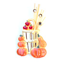 Vintage KC Brooch Pin Thanksgiving Gold Toned Harvest Basket Pumpkins Apples 80s