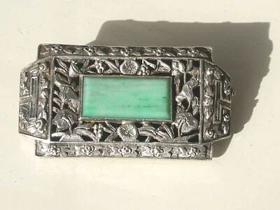 BELLE BROCHE ANCIENNE des années 1950 en ARGENT avec PIERRE VERTE en JADE - Photo 1/4