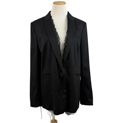 Ann Taylor Jacket Women's 14 Wool Blazer Lace Trim Single Button Closure Black - Image 1 of 4