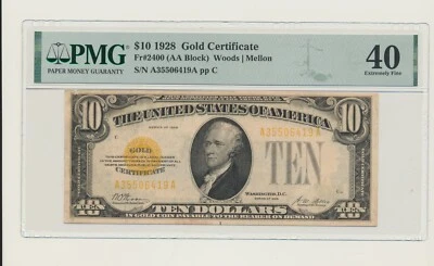 1928 $10 Gold Cert. Fr#2400 (AA Block) PMG 40 S/N A35506419A  ppC Woods/Mellon - Image 1 of 2