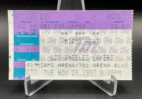 11/25/1997 NBA Ticket Stub Lakers @ Heat Kobe Bryant 2nd game in Miami 16 Points Cover