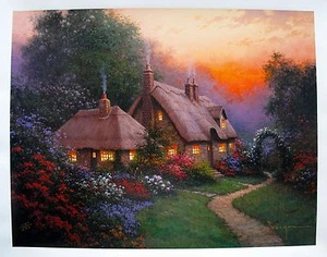 Sergón ""Heather's Cottage"" Giclee sobre lienzo, jardín de flores, estilo Kinkade - Imagen 1 de 1