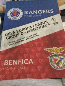GLASGOW RANGERS v BENFICA 20/21 EUROPA LEAGUE PROGRAMME 26/11/20 - Picture 1 of 1