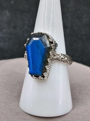 Anillo ataúd, labradorita, talla 10, plata de ley, gótico vintage victoriano Foto 1 de 4