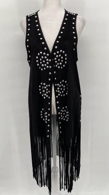 Chaleco Forever 21 Mujer Pequeño Negro Largo Tachonado Flecos Plumero Motociclista Boho Western Foto 1 de 4
