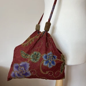 Cotton Beaded Shoulder Bag Ethnic Maroon Floral Small Slouch Knotted Strap - Picture 1 of 20