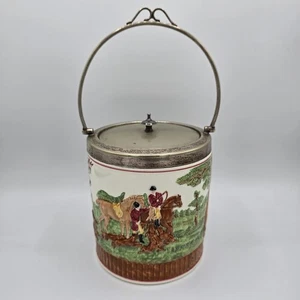 Antique Wedgwood Biscuit Barrel – Fox Hunting Relief Scene – EPNS Lid & Handle - Picture 1 of 22