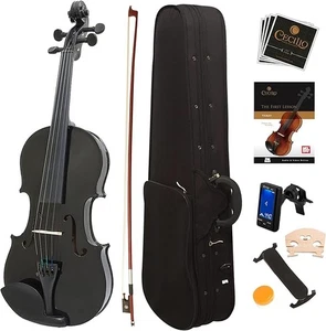 Mendini By Cecilio Violin For Kids & Adults, 4/4 MV Metallic Violins - Black-- - Picture 1 of 8