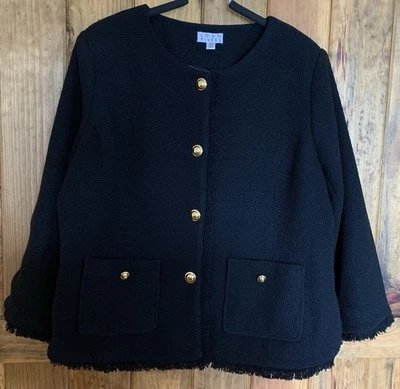Chaqueta Blazer Joan Rivers Negra Con Borde de Flecos Tejida Elegante Botones Dorados 18W P Foto 1 de 4