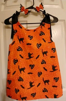 Handmade Halloween Dress Girls Size 6 With Hair Clips Orange & Black Fully Lined - Image 1 of 4