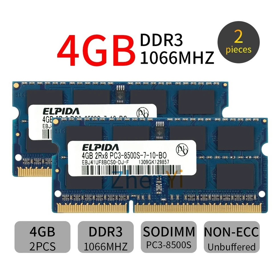 8GB 2x 4GB PC3-8500S DDR3 1066mhz 2RX8 204pin 1.5V SO-DIMM Memory RAM For Elpida - Image 1 of 4