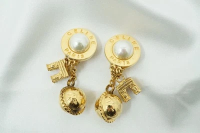 Celine Vintage Ohrringe Logo Triomphe Star Kugel Imitation Perle Gold 4187j - Bild 1 von 4