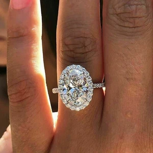 Certified 3CT Oval Moissanite Halo Engagement Ring Solid 14K White Gold Plated - Picture 1 of 5
