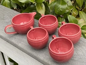 Vintage Mid Century Modern Pink Basket/Barrel Coffee/Tea Cups & Creamer Set - Picture 1 of 12