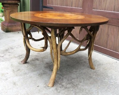 Antique Black Forest Rustic Adirondack Antler Table  Inlaid Top - Image 1 of 4
