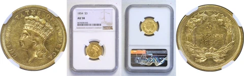 1854 $3 Gold Coin NGC AU-58 Cover