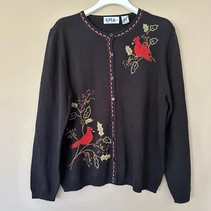 Cardinal Cardigan Sweater Women XL Embroidered Beaded Button Wool Bird Winter - Picture 1 of 10