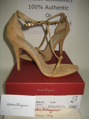 NUEVO Salvatore Ferragamo Bilis Gamuza Cuero T-Trap Sandalias Tacones Altos Zapatos CAJA Foto 1 de 4